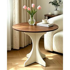 Mid Century Modern Round Side Table Accent End Table 24in Coffee Table with Amber Wood Grain Tabletop & White Curved Base for Living Room Bedroom Sofa Corner, Pedestal Nightstand
