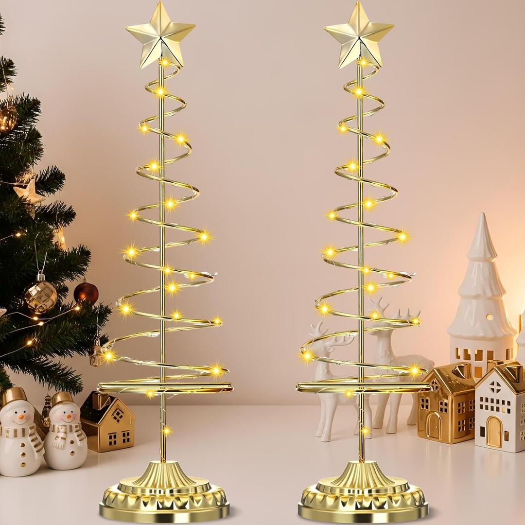 Yuefunny Set of 2 Lighted Christmas Tree Table Decoration with Golden Star Battery Operated Tabletop Prelit Mini Xmas Tree with LED Light up Desk Ornament for Home Mantel (Spiral,Antique Bronze)