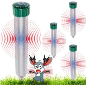 4 Pack Sonic Mole Chaser - Battery Operated Pest Repeller Stake, Scares Away Moles, Voles, Gophers and Rats by GreenLighting (Metal & Green)
