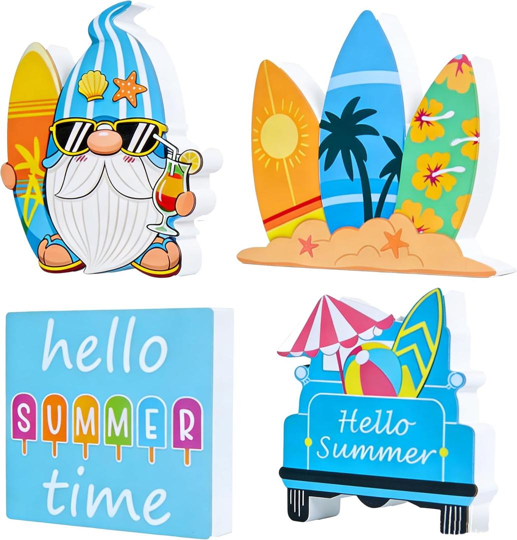4 PCS Summer Tables Centerpieces Decorations for Home Wooden, Christmas Tiered Tray Decorations Set for Kitchen Office Home Indoor Mantel Decorations