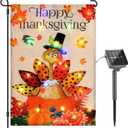 Lighted Thanksgiving Turkey Garden Flag 12 x 18 Inch Double Sided Outside,Solar Light Up Happy Thanksgiving Decorative Yard Flag Holiday Outdoor Decoration