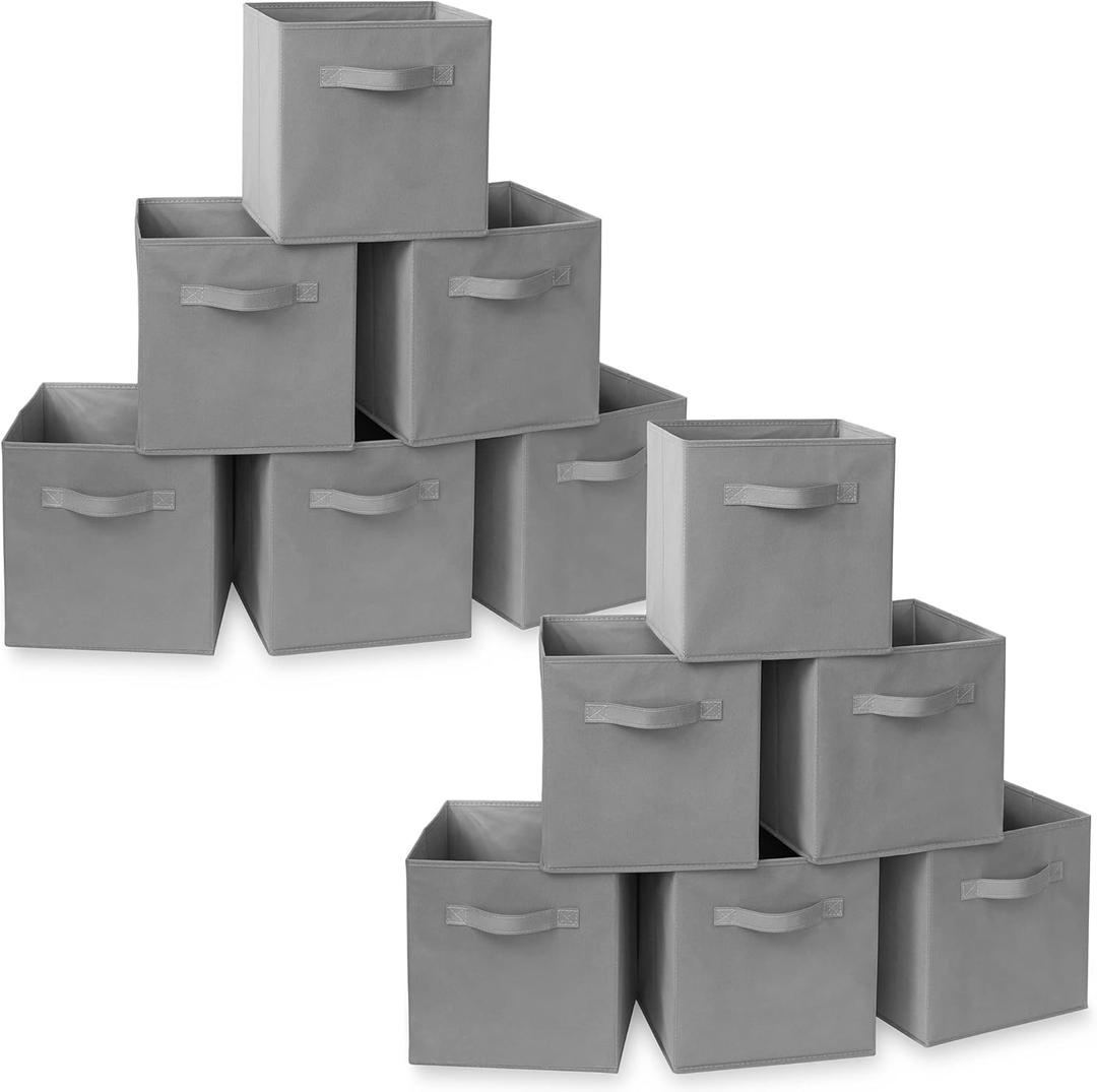 Casafield Set of 12 Collapsible Fabric Cube Storage Bins, Gray - 11" Foldable Cloth Baskets for Shelves, Cubby Organizers & More (10.5" x 10.5" x 11")