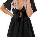 Aoysky Womens Summer Short Rompers Sexy Cute Loose Tie Front Jumpsuit Casual V Neck Wide Leg Beach Overalls (Black)