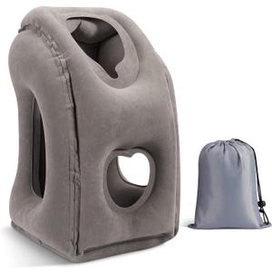 MoKo Inflatable Travel Pillow, Comfortable Neck Pillow with Storage Bag Support Shoulder and Neck to Avoid Pain for Airplane Train Office Car Travel Home, Gray