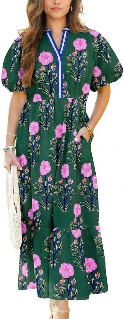 Wolddress Womens Summer Dresses 2026 Casual Puff Short Sleeve V Neck High Waist Flowy Long Maxi Dress (Green, M)