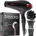 TREZORO Professional Hair Dryer with Diffuser, Ionic Ceramic Tourmaline Technology, 2000W Fast Quiet Drying, With Narrow & Wide Concentrator Nozzles, 3 Heat & 2 Speed Settings, Cool Shot Button, Black