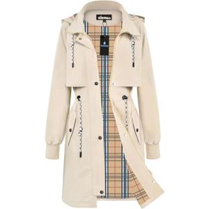 Women Waterproof Lightweight Long Rain Jacket Trench Coat with Adjustable Back Storm Shield,Check Lined&2-Way Zip (Beige, S)