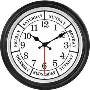 45MinST 12 Inches Retro Wall Clock,Day of The Week Wall Clock,Calendar Day Clock,Silent Non Ticking Battery Operated Movement(Silver)