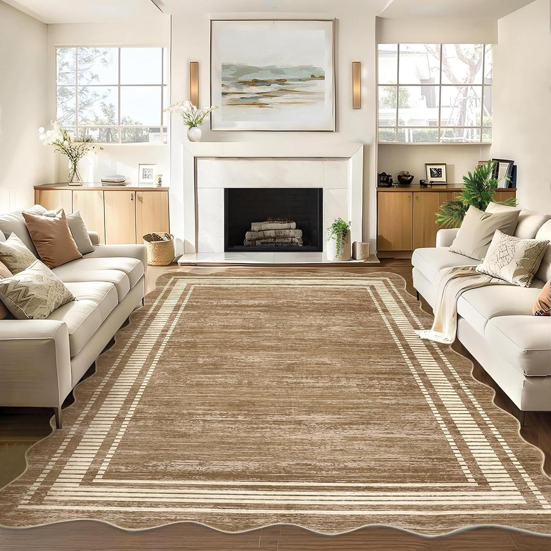 Garvee Scalloped Large Modern Abstract Area Rug 10x13 Washable Rug for Living Room, Non-Slip Soft Carpet for Bedroom, Scalloped Low-Pile Solid Print Accent Rug for Dining Room Home Office, Brown