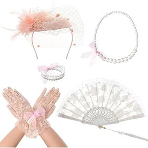 Fumwase 5Pcs Tea Party Accessories Set for Women Tea Party Favors Kit Tea Party Gloves Hats Necklace Fan Bracelet