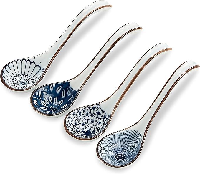 Ceramic Asian Soup Spoon set of 4, Japanese Ramen Spoon with Long Handle Easy to Hold, Suitable for Cereal, Noodle, Chinese Wonton, Pho, Soup Dumpling, Miso, Dishwasher Safe