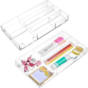 2 Pcs Clear Acrylic Desk Drawer Organizer 11 x 6 x 1.38 Inch Drawer Organizer Trays with 6 Compartments Desk Accessories for Office Makeup Silverware Bathroom