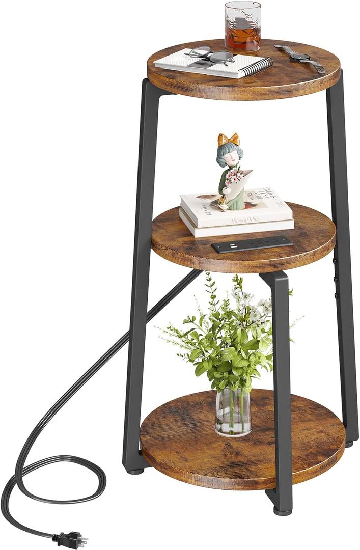 Homeiju Round End Table with Charging Station, 3-Tier Small Bedside Table with Metal Frame, Nightstand with USB Ports & Power Outlets for Small Space in Living Room, Bedroom, Rustic Brown