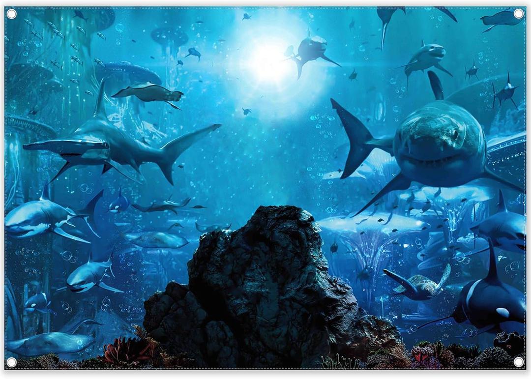 Fabric 7x5ft Shark Theme Photography Backdrop Underwater Deep Ocean Animals Fish Background Aquarium Kids Party Decorations Photo Banner Props