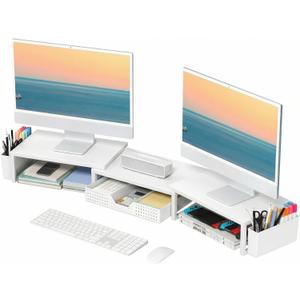 OPNICE Desk Organizers and Accessories, Dual Monitor Stand Riser with Drawer and 2 Pen Holders, Desk Shelf Metal Computer Racks for Office Workspace Organizers, Desktop Organization (White Metal)