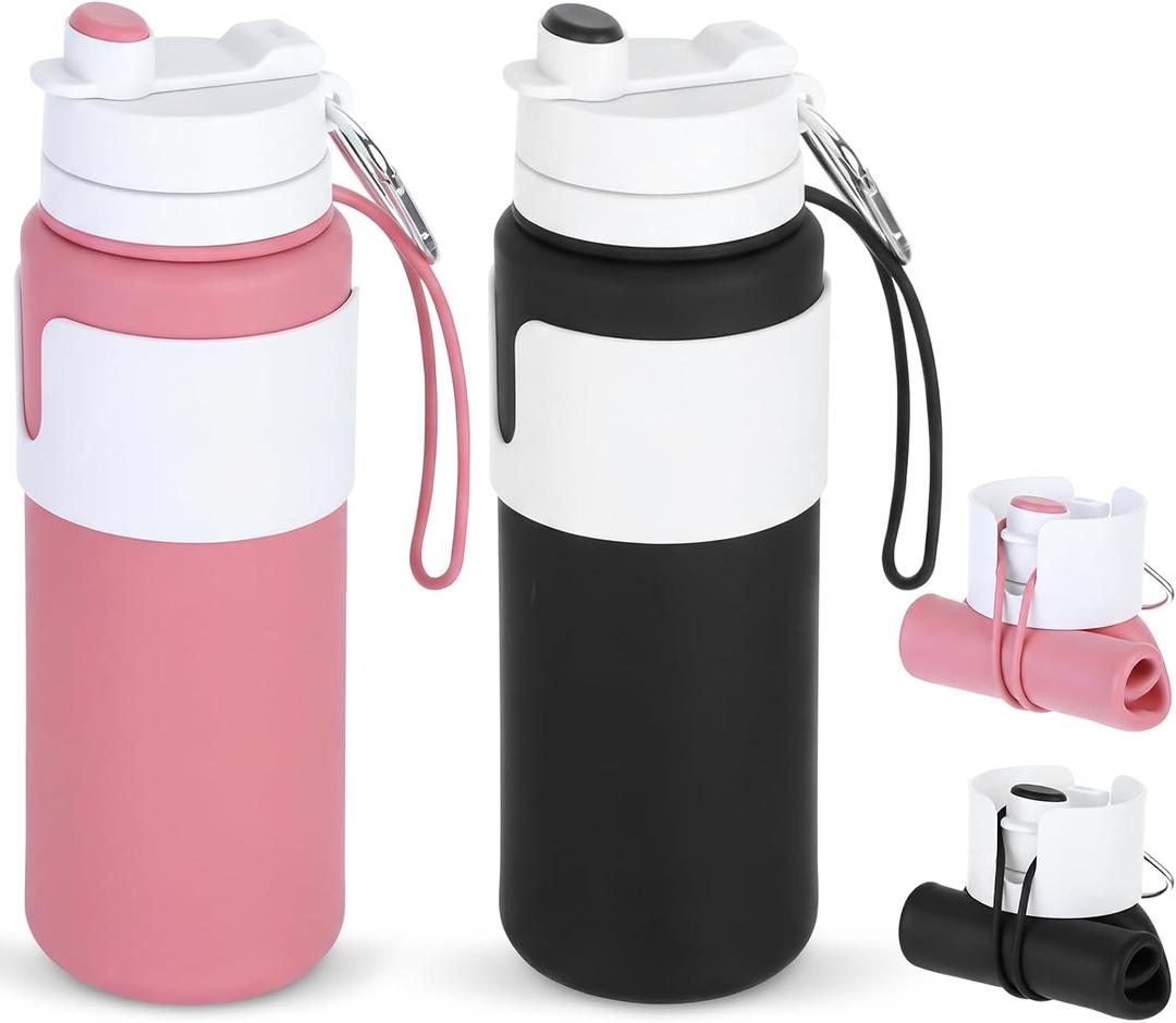 LemonRoad 2 Pcs 26 oz Silicone Collapsible Water Bottle, Portable Foldable Water Bottle Leakproof with Carabiner Reuseable Lightweight for Travel Sports Hiking Camping Cycling Office (Black,Pink)
