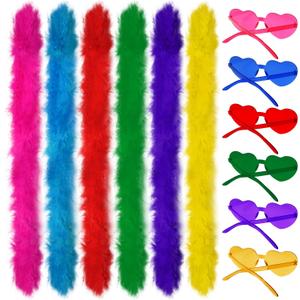 12 Pcs Colored Feather Boas with Heart Shaped Sunglasses Set Rimless Glasses 6.6FT Fluffy Boas Women Party Halloween (Multicolor)