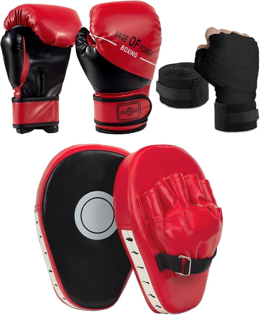 3-in-1 Boxing Gloves and Punching Mitts Set for Kids, Sports Boxing Gloves Boxing Pads with Hand Wraps, Kids Boxing Equipment Set for MMA, Karate, Muay Thai, Taekwondo (Red 6oz)