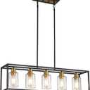 5-Light Kitchen Island Lighting, Farmhouse Pendant Island Light Fixture with Glass Shades, Black and Gold Chandelier for Dining Room, Restaurant, Foyer