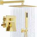 Kurpot Shower System, Gold Shower Faucet Set with Shower Valve and Trim Kit, 12 Inch Rain Shower Head with Handheld Spray, Brushed Gold Shower Head and Handle Set, High Pressure Shower Head System