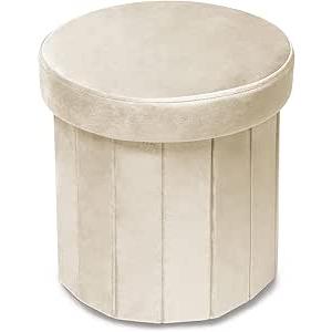 Phantoscope Storage Ottoman Round15 Inch, Velvet Folding Storage Boxes Footrest Foot Ottoman Toy Box, Padded Seat for Dorm Living Room Bedroom, Support 220lbs Off-White
