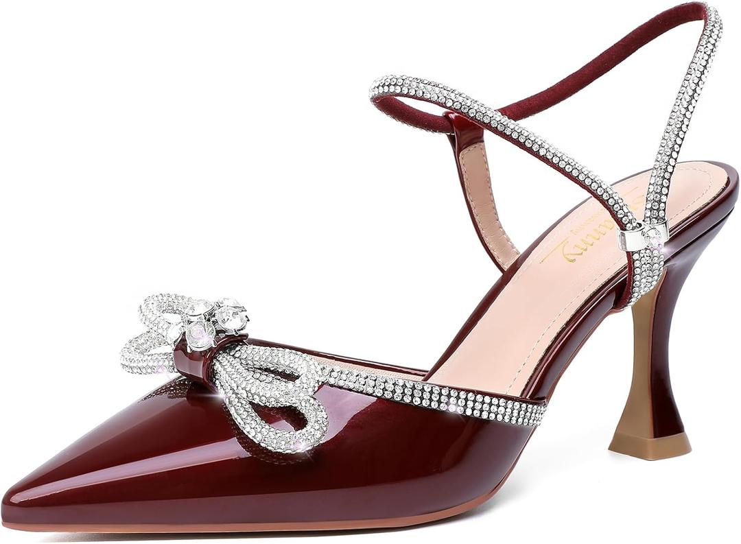 Susanny Women's Closed Toe Rhinstone Wedding Low Heel Slingback Clear Kitten Heels,Adjustable Strap Pointed Toe Bow Pumps High Heeled Prom Dress Shoes (8.5, Burgundy)