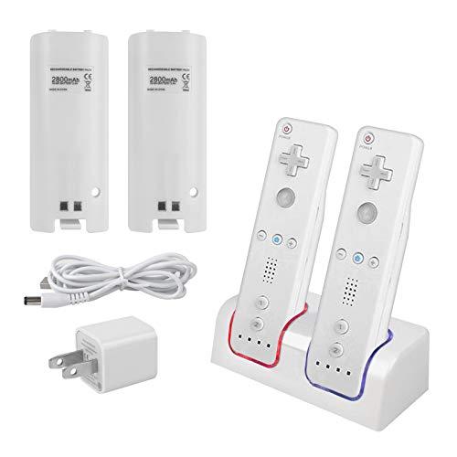 Kulannder Wii Remote Battery Charger(Free USB Wall Charger+Lengthened Cord) Dual Charging Station Dock with Two Rechargeable Capacity Increased Batteries for Wii U Game Remote Controller (White)