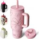 BOTTLE BOTTLE 30 oz Tumbler with Lid and Straw, Stainless Steel Travel Mug, Tumbler with handle, Water Bottle with straw for College, Gifts for Women Office Ice Coffee (Pink Flower)
