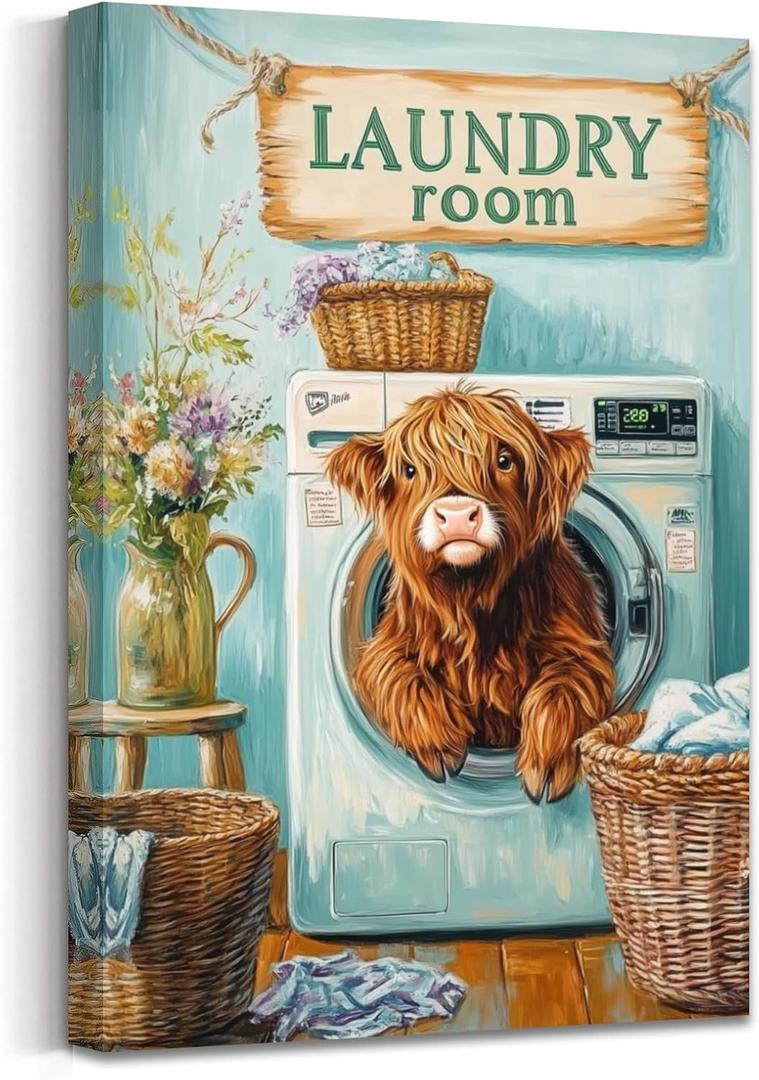 AWPANERAR Laundry Room Wall Art Rustic Highland Cow Laundry Pictures Print Cute Baby Cow Painting Funny Laundry Room Sign Poster Bathroom Decor Framed (18L x 12W)