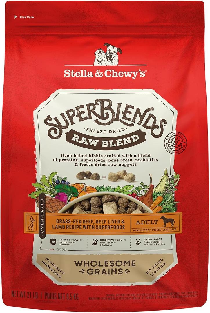 Stella & Chewy's SuperBlends Raw Blend Wholesome Grains Grass-Fed Beef, Beef Liver & Lamb Recipe with Superfoods, 21 lb. Bag Best if used by 8/20/26