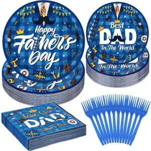 QZYL 120 PCS Father Day Decoration, 7" and 9" Disposable Happy Fathers Day Paper Plates, Round Fathers Day Table Decorations, Best Dad in the World Fathers Day Decorations for Party Father Day