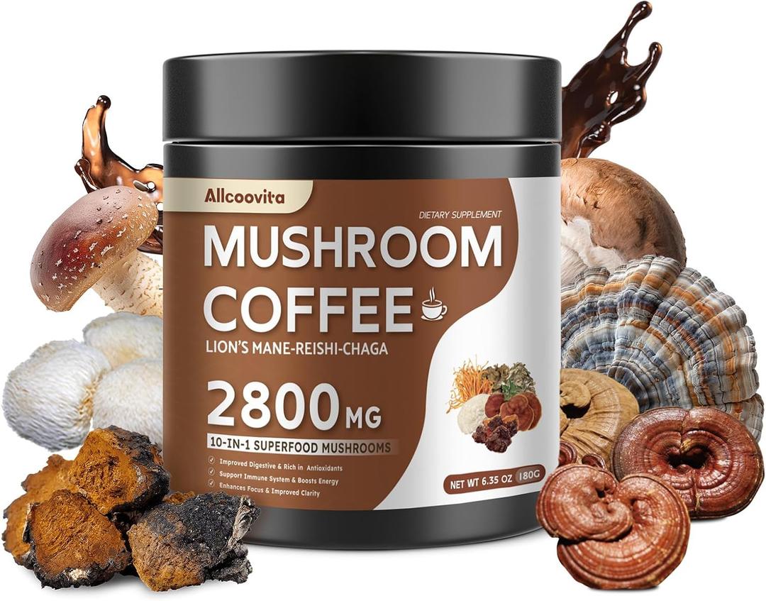 2 x Mushroom Coffee - Lions Mane Mushroom Powder Instant Coffee with Lion's Mane, Reishi, Chaga, Cordyceps, and Turkey Tail - Mushroom Coffee Alternative for Energy, Mental Clarity & Focus, Brain Booster