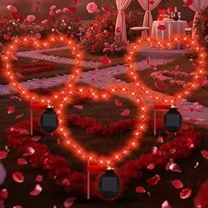 Retisee 3 Pcs Valentines Red Heart Shaped Solar Lights Metal Solar Decorative Lamps with Stakes for Garden Yard Path or Landscape Light Outdoor Decor, 12.7 x 9.3 Inch