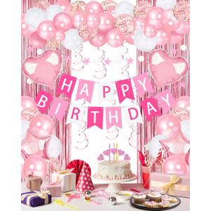 Lutoys Pink Happy Birthday Party Decorations, Happy Birthday Banner, Pink Foil Heart Star Confetti Balloons Curtain Backdrop Hanging Swirls Butterfly Party Decor for Girls Women Princess
