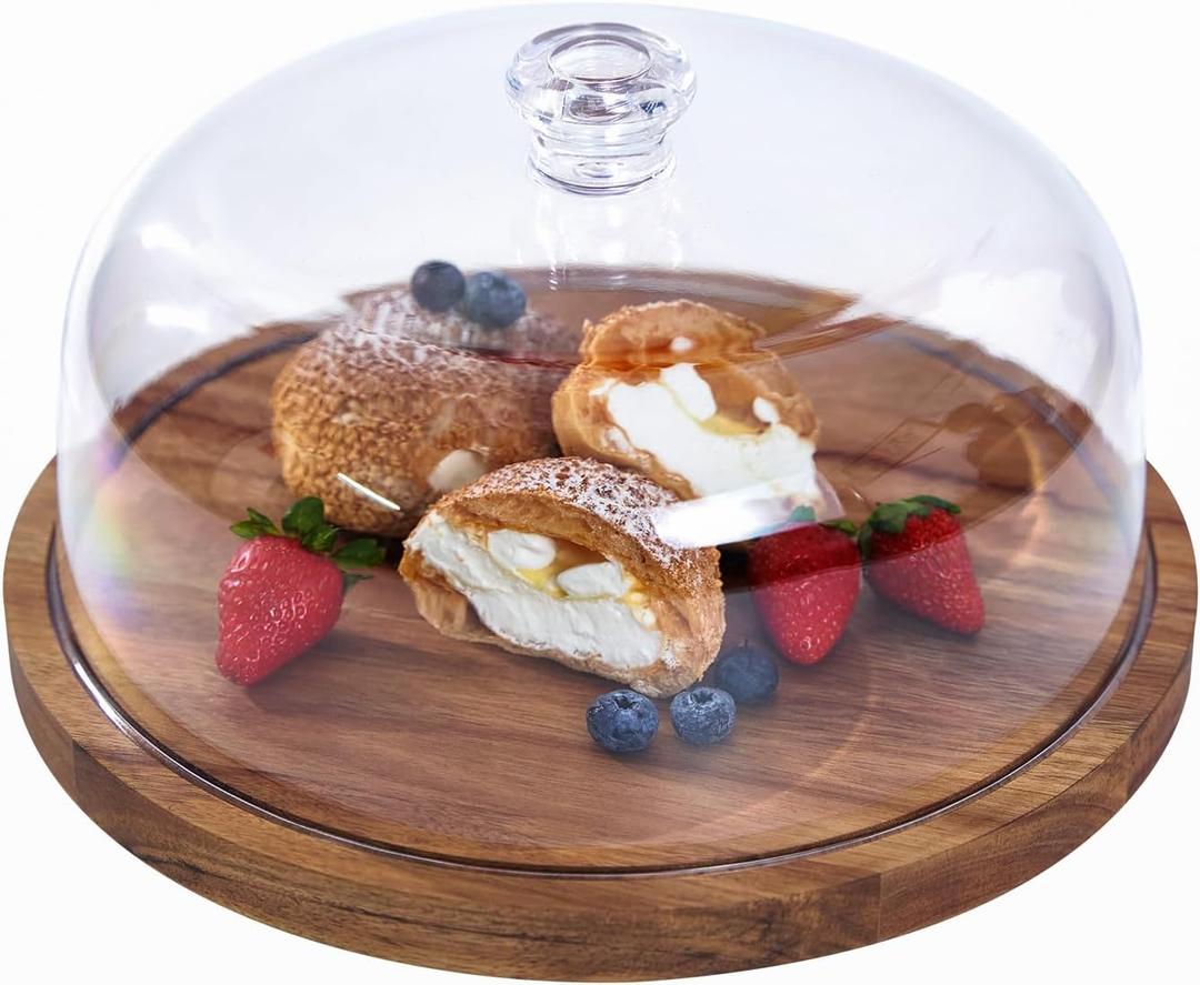 Cake Stand with Lid, Acacia Wood 12in Round Cake Holder, 2-in-1 Dessert Table Display Set & Charcuterie Board for Cheese, Chips & Dips, Nachos, Fruit Platter, Large Acrylic Cake Dome Cover