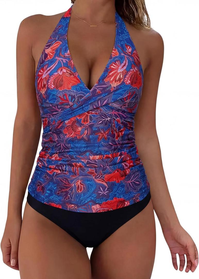 SUUKSESS Women Sexy Halter Tankini Bathing Suits Slimming Tummy Control High Waisted Swimsuits 2 Piece (Blue, XL)