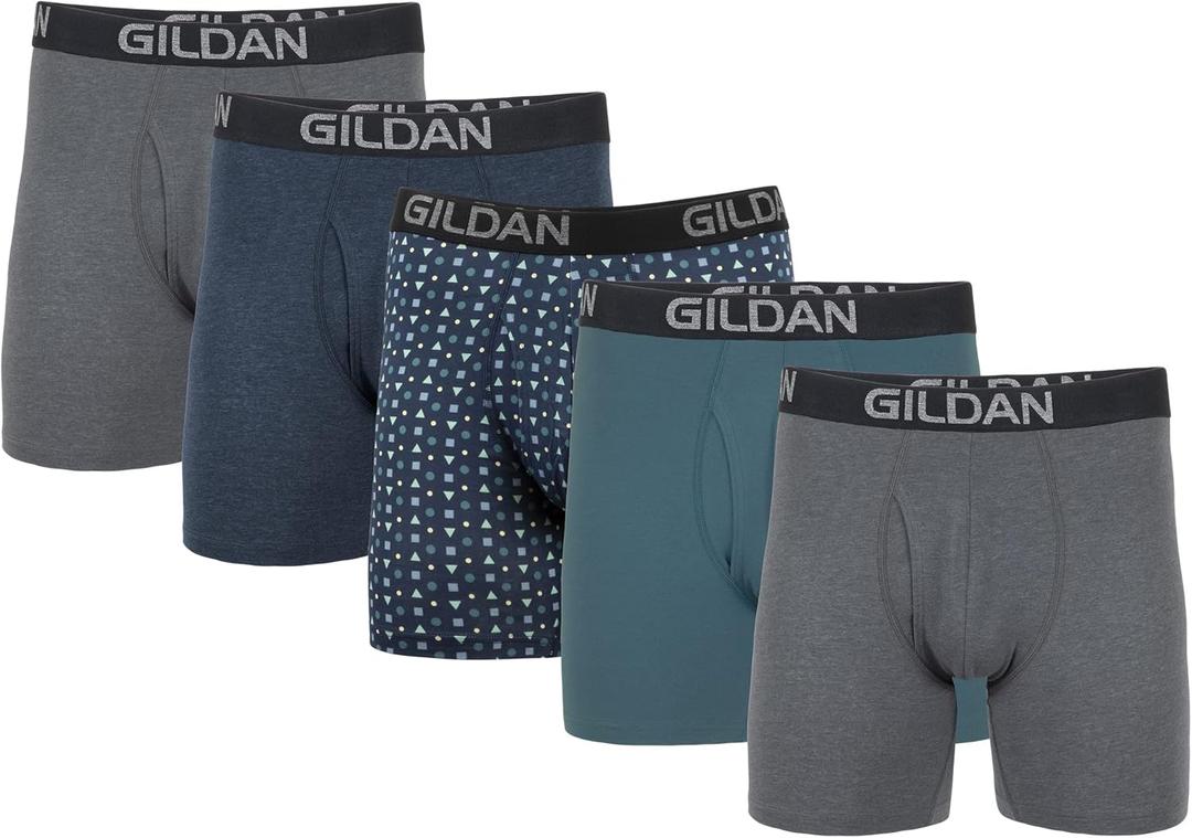 Gildan Men's Underwear Cotton Stretch Boxer Briefs, Multipack (Large, Hthr Dark Grey/Hthr Navy/Shapes/Blue (5-pack, Regular Leg))