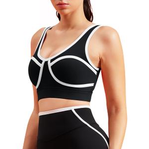 colorskin Women Sports Workout Bras Contrast Piping Bras Wirefree Yoga Bra Padded Sports Bra(Black,Medium) (M)