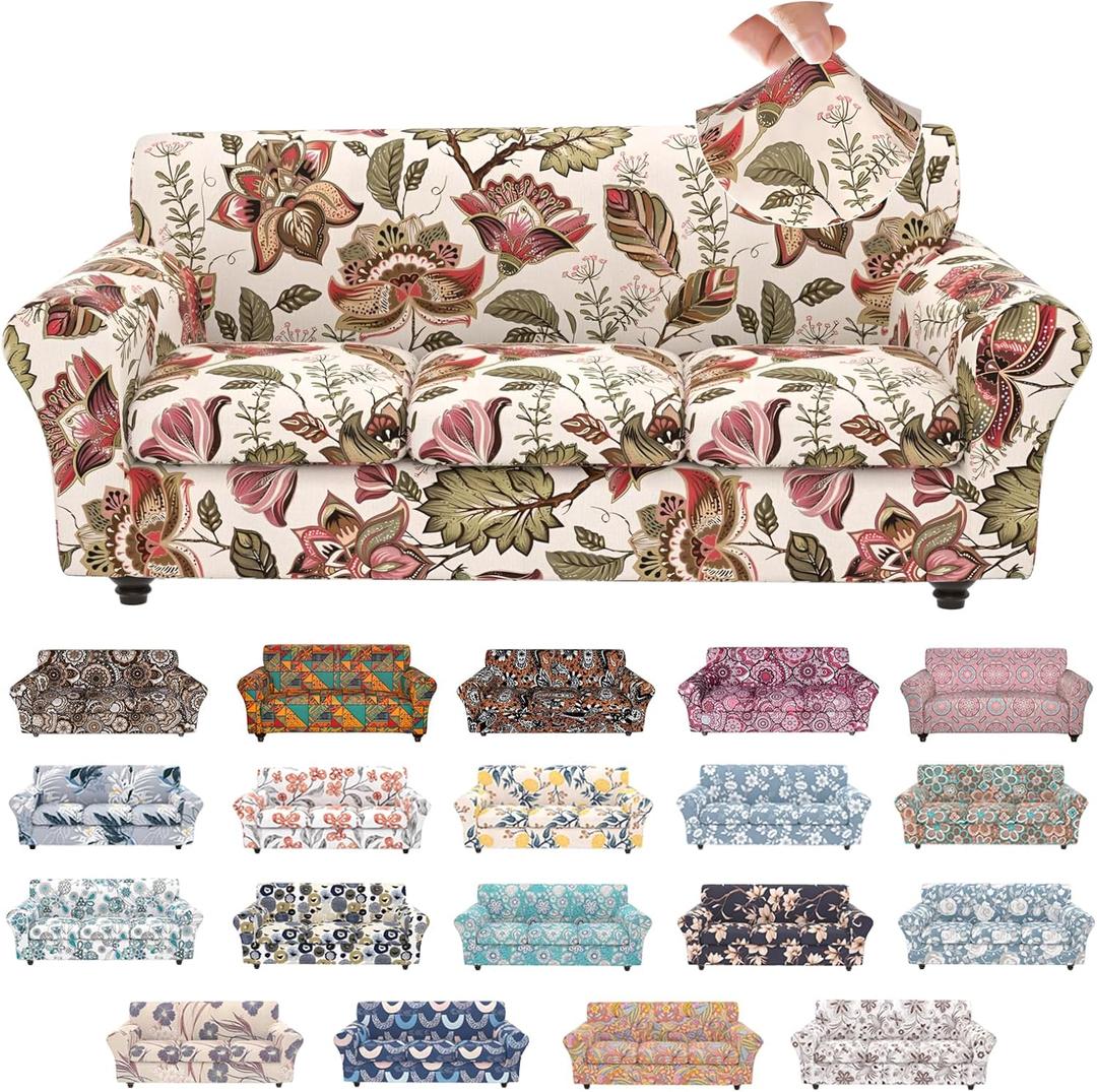Stretch Couch Covers for 3 Separate Cushion Couch Sofa,Floral Printed Couch Sofa Cover,Washable Sofa Slipcover,Pet Friendly Furniture Protector with Elastic Bottom,Universal Fit for Home(Sofa,Cover)