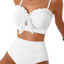 Herseas Women's Seashell Textured Bikini Sets Knotted Front 2 Piece Swimsuits Ruffle Trim Bathing Suits, L, White