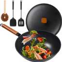 Wok Pan with Lid - 13" Nonstick Wok, Carbon Steel Woks & Stir-Fry Pans with Cookwares, Flat Bottom Chinese wok for Electric, Induction and Gas Stoves