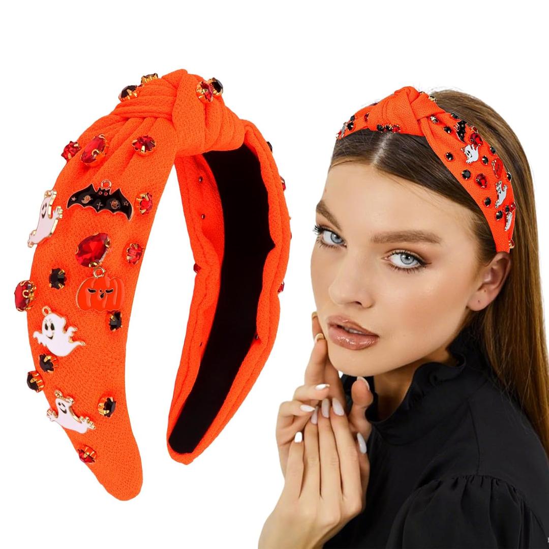 Halloween Headbands for Women, Jeweled Spooky Pumpkin Bat Ghost Gothic knotted Headband for Women for Halloween Goth Hair Accessories (Bright Orange)