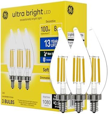 GE Ultra Bright LED Light Bulbs, 100W, Soft White Candle Lights, Clear Decorative CA12 Light Bulbs, Candelabara Base (2 Pack)
