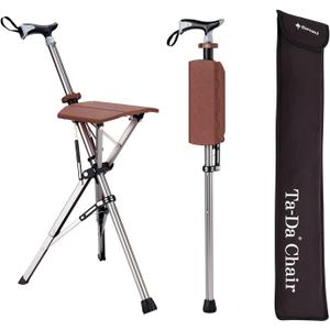 STEP2GOLD Ta-Da Chair, Portable Trekking Hiking Pole, Folding Walking Stick with Seat, Walking Cane with Chair, Foldable Chair, Lightweight Aluminum, Easy Carry and Storage, Anti-Slip (L (34.6"), Brown)