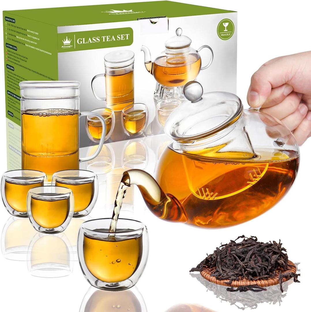 2-IN-1 Glass Tea Sets for Adults - Includes Glass Teapot and Mug with Infuser, Warmer Base, 4 Double Wall Glass Tea Cup - for Both Personal and Gathering Tea Time, Gifts for Tea Lovers