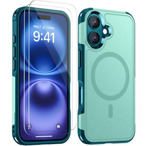 Lanhiem Magnetic for iPhone 16 Case, [2 Pack Tempered Glass Screen Protector][Compatible with MagSafe][10 FT Military Grade Shockproof] Heavy Duty Tough Phone Cover for iPhone 16 (6.1") - Green