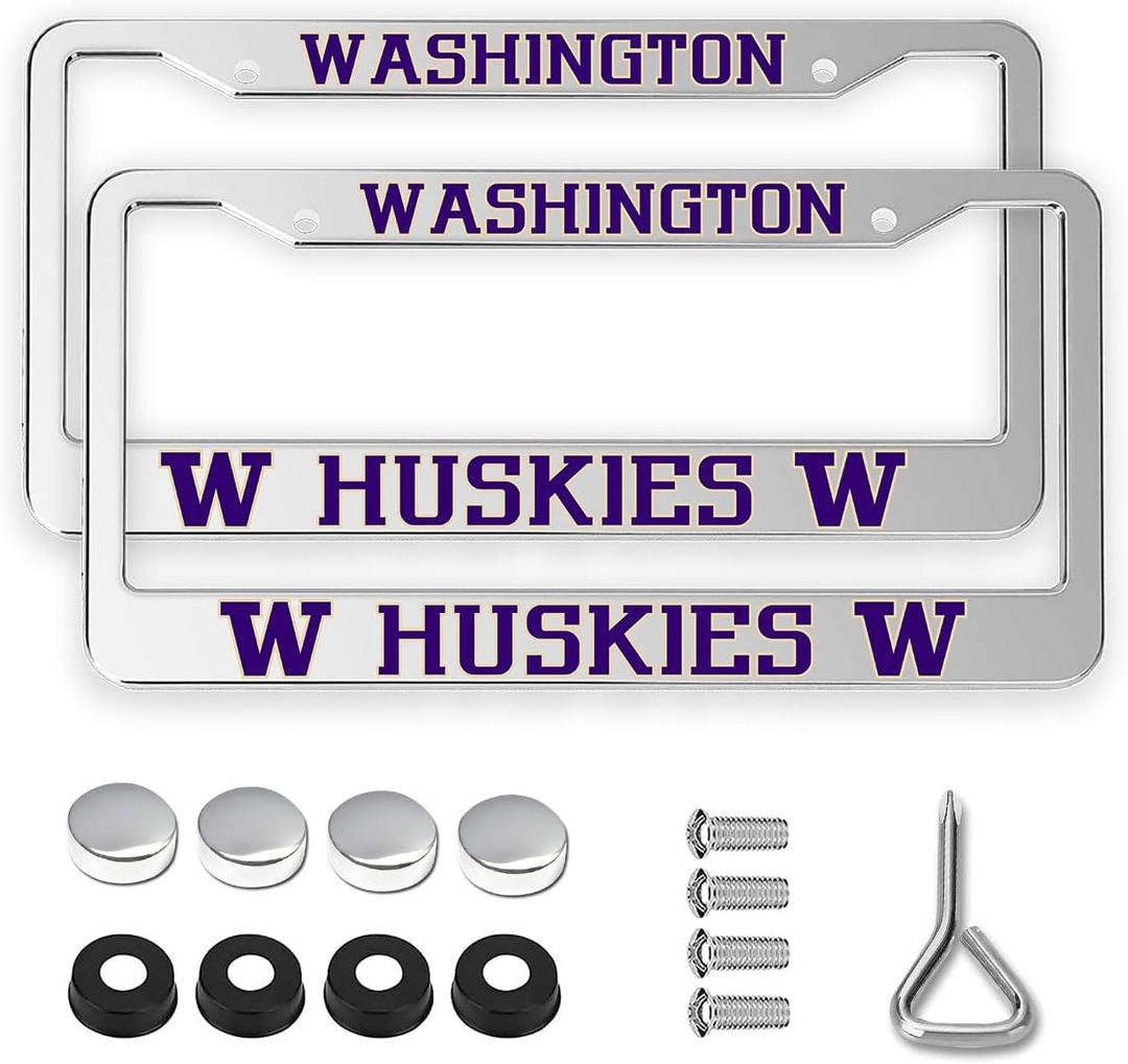 2 Packs for Washington Huskies License Plate Frames,2 Holes Silver License Plate Holder for UW,Universal Aluminum Tag Frame for License Plate for Front and Rear Car Tags (Black)