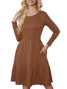 PerZeal Casual Dresses for Women 2025 Long Sleeve Crewneck Spring Rib Knit Flowy Midi Dress Cocktail Party Dresses, Brown, Large