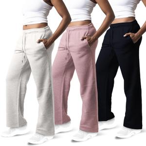 Common Stitch 3 Pack Sweatpants Women, Wide Leg Womens Sweatpants, Workout - Yoga Pants (Medium, Black / Mauve / Lt. Heather Grey)