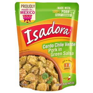 Isadora Fully Cooked Pork Chile Verde 15 oz Pouch, Ready-to-Eat Authentic Mexican Meal, Pork in Green Salsa, Medium Heat, Shelf Stable Meat, No Refrigeration Needed, Heat and Serve Instant Meal BBD: 06/03/2026